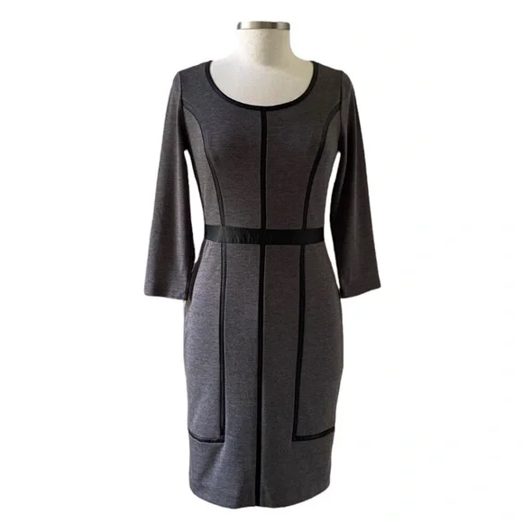 The Limited Dresses | The Limited Faux Leather Trim Pointe Sheath 3/4 Sleeve Dark Gray Dress, Small | Color: Black/Gray | Size: S | Nyshoelover's